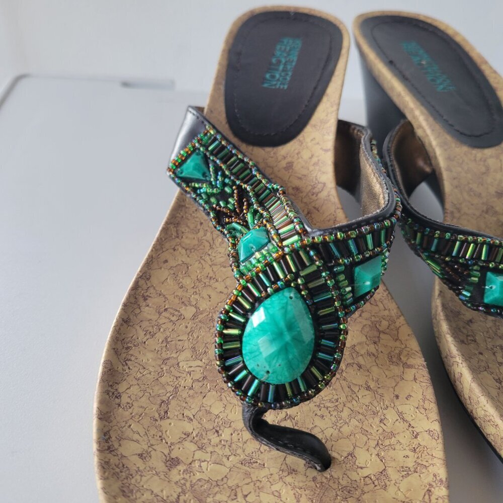 Kenneth Cole Boho Style Green beaded Wedge Sandals (Size: 9½) - Picture 2 of 9